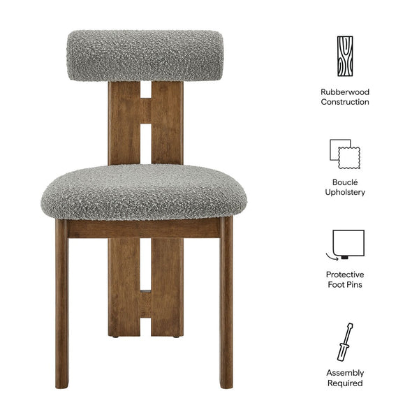 Modway Furniture Torian Boucle Upholstered Dining Chair Set of 2 - Stylish Comfort with Sculptural Design for Any Space Walnut Light Gray EEI-6960-WAL-LGR