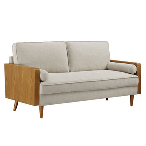 Modway Furniture Kellan Upholstered Sofa - Mid-Century Modern Comfort with Soft Heathered Fabric and Elegant Design Walnut Heathered Weave Ivory EEI-6961-WAL-HEI