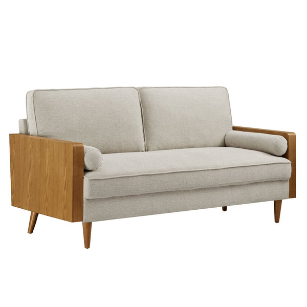 Modway Furniture Kellan Upholstered Sofa - Mid-Century Modern Comfort with Soft Heathered Fabric and Elegant Design Walnut Heathered Weave Ivory EEI-6961-WAL-HEI