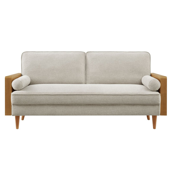 Modway Furniture Kellan Upholstered Sofa - Mid-Century Modern Comfort with Soft Heathered Fabric and Elegant Design Walnut Heathered Weave Ivory EEI-6961-WAL-HEI