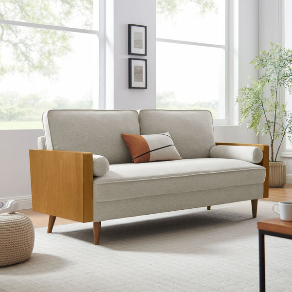 Modway Furniture Kellan Upholstered Sofa - Mid-Century Modern Comfort with Soft Heathered Fabric and Elegant Design Walnut Heathered Weave Ivory EEI-6961-WAL-HEI