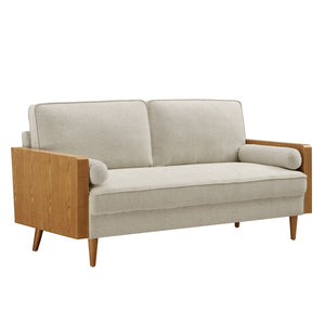 Modway Furniture Kellan Upholstered Sofa - Mid-Century Modern Comfort with Soft Heathered Fabric and Elegant Design Walnut Heathered Weave Light Beige EEI-6961-WAL-HLB