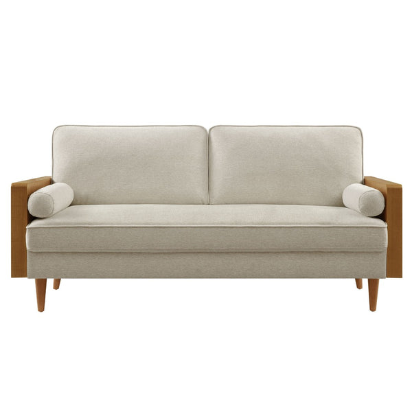 Modway Furniture Kellan Upholstered Sofa - Mid-Century Modern Comfort with Soft Heathered Fabric and Elegant Design Walnut Heathered Weave Light Beige EEI-6961-WAL-HLB