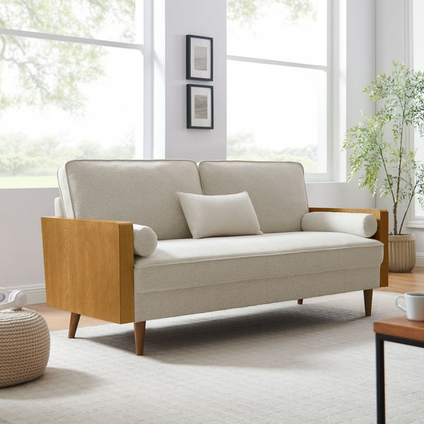Modway Furniture Kellan Upholstered Sofa - Mid-Century Modern Comfort with Soft Heathered Fabric and Elegant Design Walnut Heathered Weave Light Beige EEI-6961-WAL-HLB