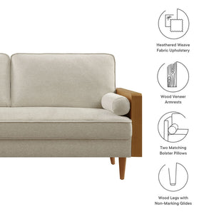 Modway Furniture Kellan Upholstered Sofa - Mid-Century Modern Comfort with Soft Heathered Fabric and Elegant Design Walnut Heathered Weave Light Beige EEI-6961-WAL-HLB