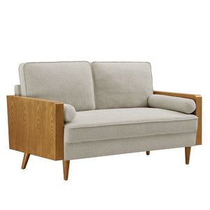 Modway Furniture Kellan Heathered Weave Fabric Loveseat - Stylish Mid-Century Modern Comfort for Small Spaces Walnut Heathered Weave Ivory EEI-6962-WAL-HEI