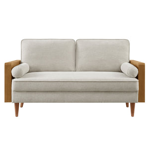 Modway Furniture Kellan Heathered Weave Fabric Loveseat - Stylish Mid-Century Modern Comfort for Small Spaces Walnut Heathered Weave Ivory EEI-6962-WAL-HEI