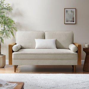 Modway Furniture Kellan Heathered Weave Fabric Loveseat - Stylish Mid-Century Modern Comfort for Small Spaces Walnut Heathered Weave Ivory EEI-6962-WAL-HEI