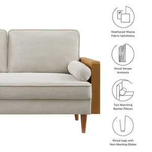 Modway Furniture Kellan Heathered Weave Fabric Loveseat - Stylish Mid-Century Modern Comfort for Small Spaces Walnut Heathered Weave Ivory EEI-6962-WAL-HEI