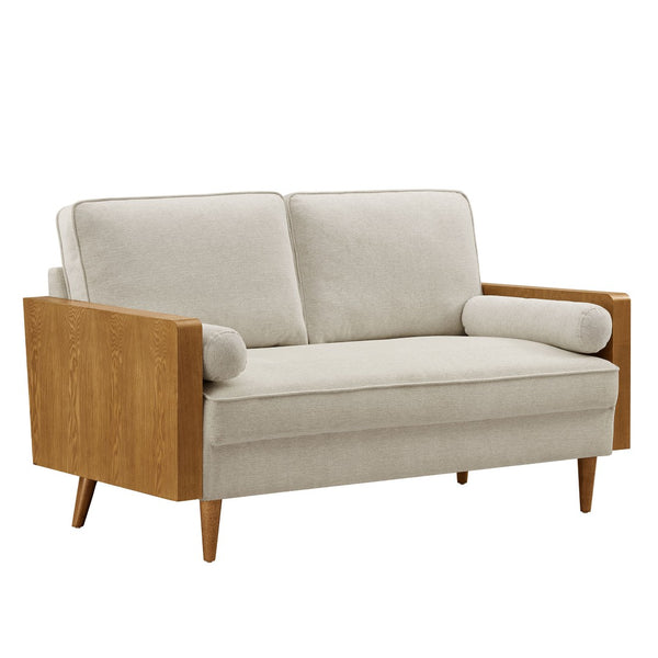 Modway Furniture Kellan Heathered Weave Fabric Loveseat - Stylish Mid-Century Modern Comfort for Small Spaces Walnut Heathered Weave Light Beige EEI-6962-WAL-HLB