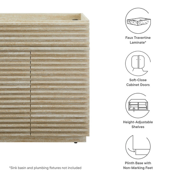 Modway Furniture Render 30" Faux Travertine Bathroom Vanity Cabinet - Mid-Century Modern Style with Storage Options EEI-6968-TRA