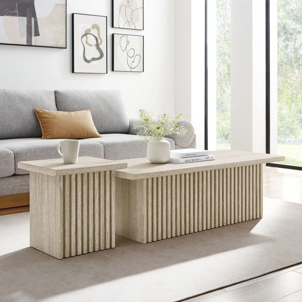 Modway Furniture Render Nesting Coffee Tables Set of 2 – Mid-Century Modern Design for Versatile Living Spaces Travertine EEI-6970-TRA