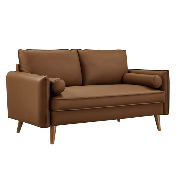 Modway Furniture Revive Upholstered Vegan Leather Loveseat – Stylish Mid-Century Design for Modern Living Spaces Brown EEI-6974-BRN
