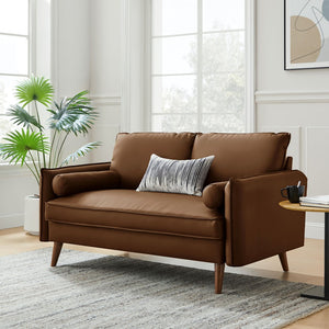Modway Furniture Revive Upholstered Vegan Leather Loveseat – Stylish Mid-Century Design for Modern Living Spaces Brown EEI-6974-BRN