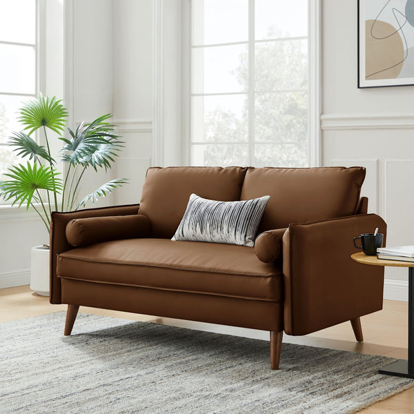 Modway Furniture Revive Upholstered Vegan Leather Loveseat – Stylish Mid-Century Design for Modern Living Spaces Brown EEI-6974-BRN
