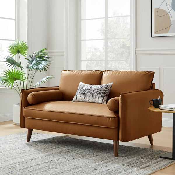 Modway Furniture Revive Upholstered Vegan Leather Loveseat – Stylish Mid-Century Design for Modern Living Spaces Tan EEI-6974-TAN