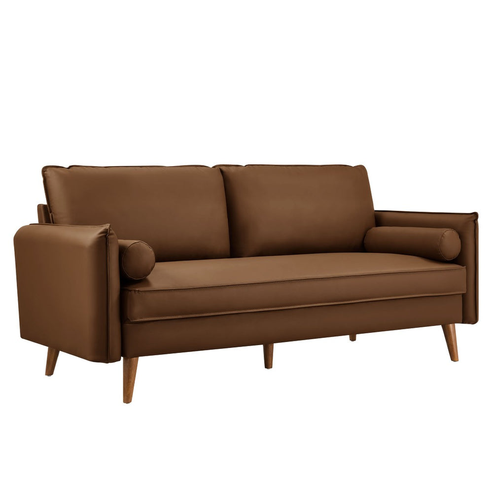 Modway Furniture Revive Upholstered Vegan Leather Sofa - Mid-Century Modern Elegance for Stylish Living Spaces Brown EEI-6975-BRN