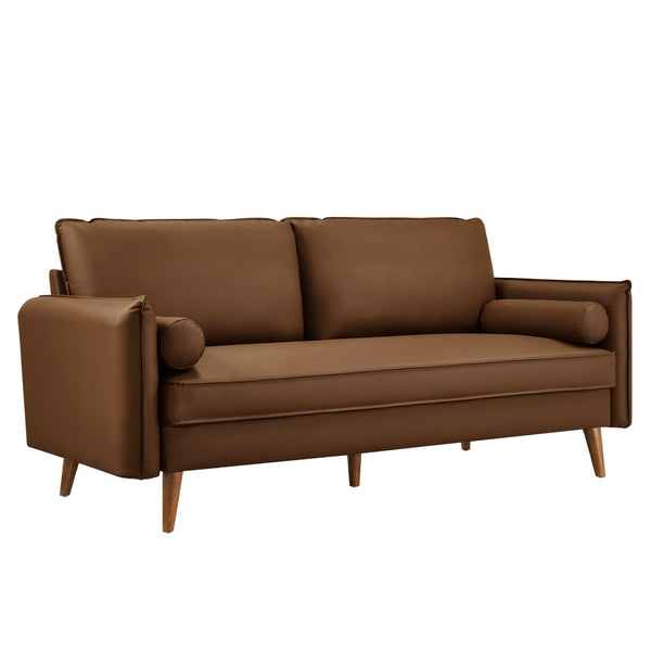Modway Furniture Revive Upholstered Vegan Leather Sofa - Mid-Century Modern Elegance for Stylish Living Spaces Brown EEI-6975-BRN