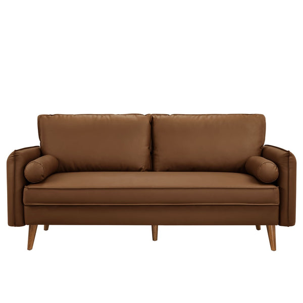 Modway Furniture Revive Upholstered Vegan Leather Sofa - Mid-Century Modern Elegance for Stylish Living Spaces Brown EEI-6975-BRN