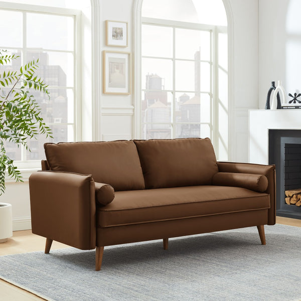 Modway Furniture Revive Upholstered Vegan Leather Sofa - Mid-Century Modern Elegance for Stylish Living Spaces Brown EEI-6975-BRN