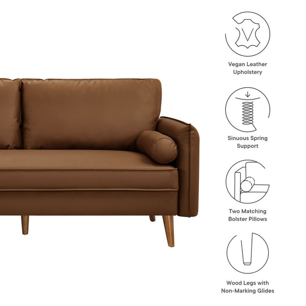 Modway Furniture Revive Upholstered Vegan Leather Sofa - Mid-Century Modern Elegance for Stylish Living Spaces Brown EEI-6975-BRN