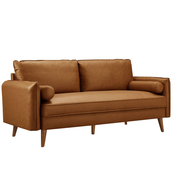 Modway Furniture Revive Upholstered Vegan Leather Sofa - Mid-Century Modern Elegance for Stylish Living Spaces Tan EEI-6975-TAN