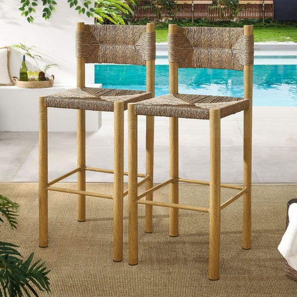 Modway Furniture Parkland Outdoor Bar Stools Set of 2 - Stylish Rattan & Aluminum for Patios and Poolside Relaxation Natural EEI-6984-NAT