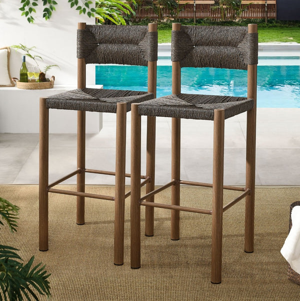 Modway Furniture Parkland Outdoor Bar Stools Set of 2 - Stylish Rattan & Aluminum for Patios and Poolside Relaxation Walnut EEI-6984-WAL