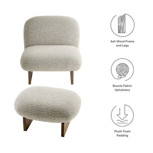 Modway Furniture Loyal Boucle Fabric Accent Chair and Ottoman Set – Modern Comfort with Stylish Design for Any Space River Rock Walnut EEI-6988-RIV-WAL