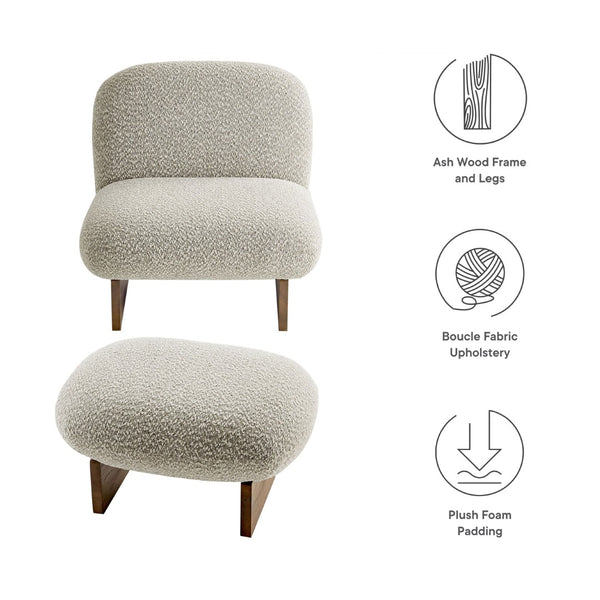 Modway Furniture Loyal Boucle Fabric Accent Chair and Ottoman Set – Modern Comfort with Stylish Design for Any Space River Rock Walnut EEI-6988-RIV-WAL