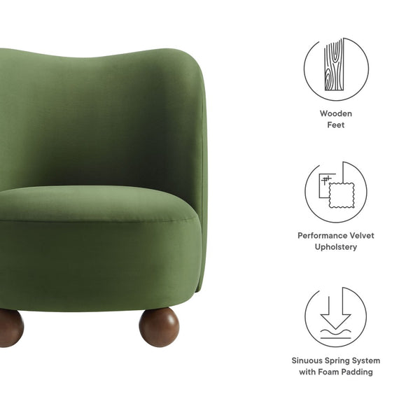 Modway Furniture Monroe Performance Velvet Accent Chair - Luxurious Comfort with Mid-Century Modern Design Appeal Moss Green Walnut EEI-6990-MOG-WAL