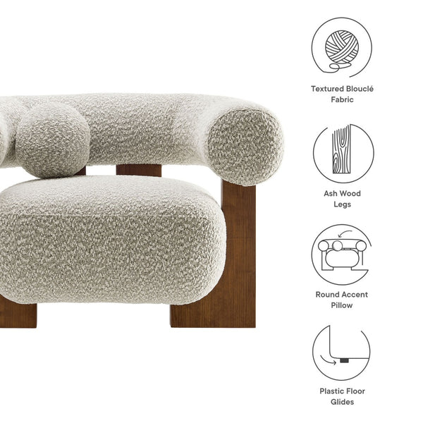 Modway Furniture Jace Boucle Accent Chair - Retro-Inspired Comfort with Stylish Open-Frame Ash Wood Legs River Rock EEI-6996-RIV