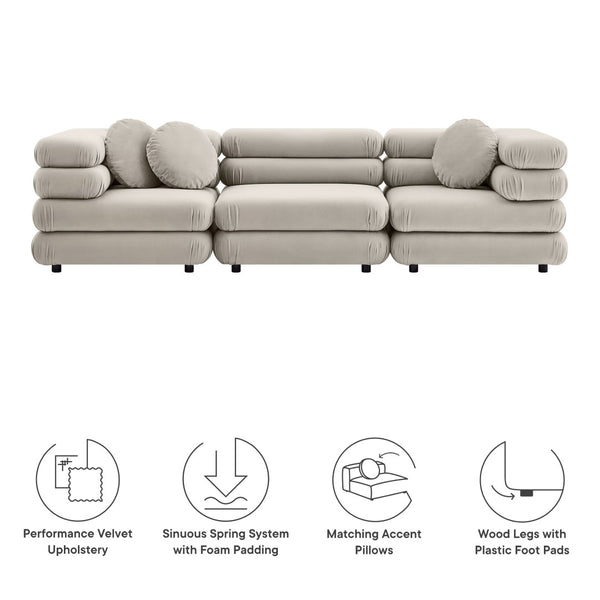 Modway Furniture Jubilee Modway Velvet Sectional Three Piece Modular Sofa with Tufted Retro Cushions Almond EEI-7003-ALM