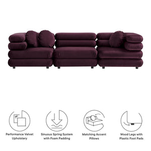 Modway Furniture Jubilee Modway Velvet Sectional Three Piece Modular Sofa with Tufted Retro Cushions Mulberry EEI-7003-MUL