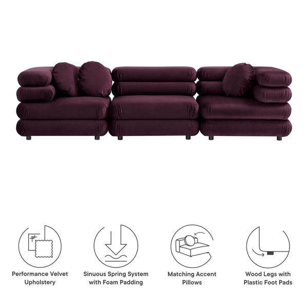 Modway Furniture Jubilee Modway Velvet Sectional Three Piece Modular Sofa with Tufted Retro Cushions Mulberry EEI-7003-MUL