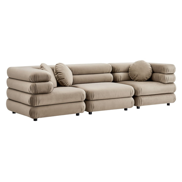 Modway Furniture Jubilee Modway Velvet Sectional Three Piece Modular Sofa with Tufted Retro Cushions Taupe EEI-7003-TAU