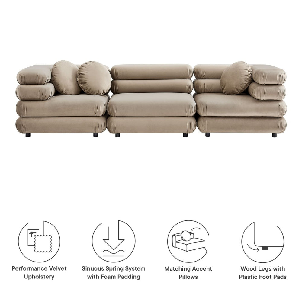 Modway Furniture Jubilee Modway Velvet Sectional Three Piece Modular Sofa with Tufted Retro Cushions Taupe EEI-7003-TAU