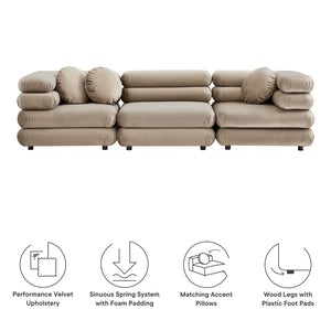 Modway Furniture Jubilee Modway Velvet Sectional Three Piece Modular Sofa with Tufted Retro Cushions Taupe EEI-7003-TAU