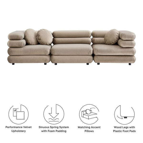 Modway Furniture Jubilee Modway Velvet Sectional Three Piece Modular Sofa with Tufted Retro Cushions Taupe EEI-7003-TAU