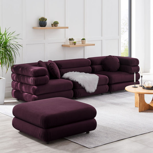Modway Furniture Jubilee Modway Four Piece Velvet Sectional with Tufted Cushions for Modern Living Mulberry EEI-7004-MUL