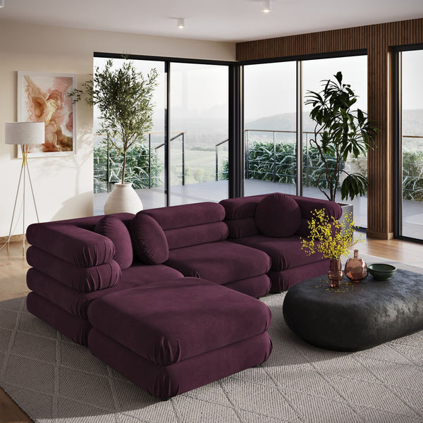 Modway Furniture Jubilee Modway Four Piece Velvet Sectional with Tufted Cushions for Modern Living Mulberry EEI-7004-MUL