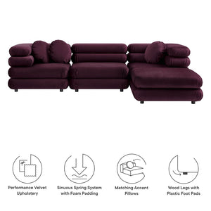 Modway Furniture Jubilee Modway Four Piece Velvet Sectional with Tufted Cushions for Modern Living Mulberry EEI-7004-MUL