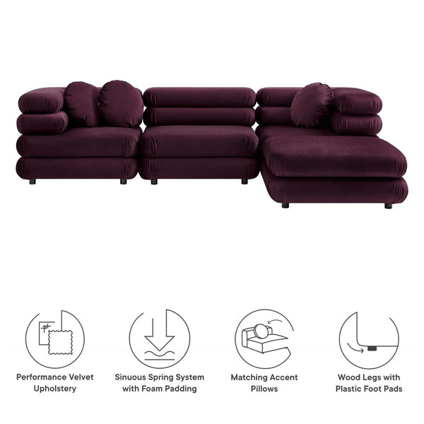 Modway Furniture Jubilee Modway Four Piece Velvet Sectional with Tufted Cushions for Modern Living Mulberry EEI-7004-MUL