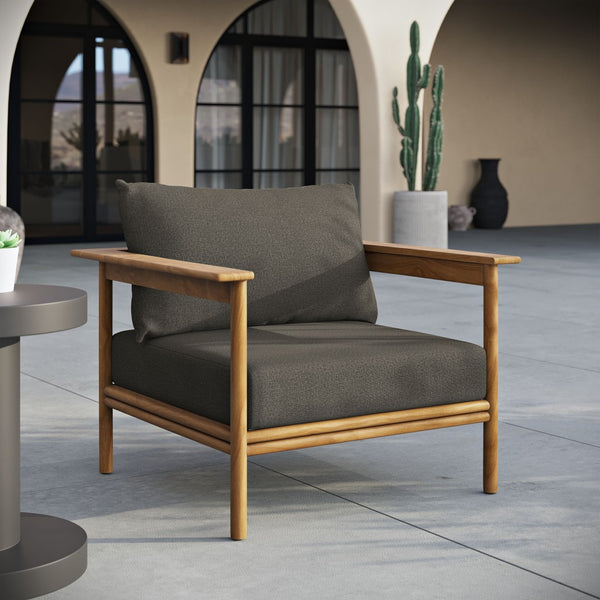 Modway Furniture Wren Outdoor Teak Wood Armchair - All-Weather Comfort with Plush Cushions for Stylish Patios & Decks Natural Flint Gray EEI-7007-NAT-FLI
