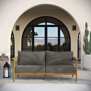 Modway Furniture Wren Outdoor Teak Patio Sofa - Timeless Design with Plush Cushions for Ultimate Comfort and Style Natural Flint Gray EEI-7008-NAT-FLI