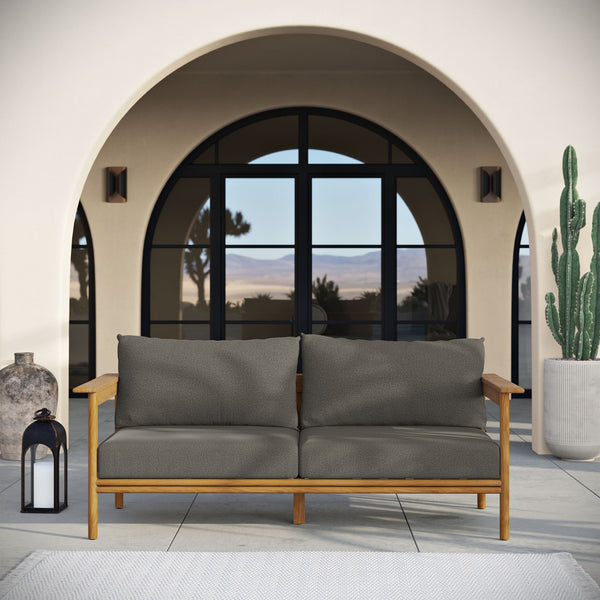 Modway Furniture Wren Outdoor Teak Patio Sofa - Timeless Design with Plush Cushions for Ultimate Comfort and Style Natural Flint Gray EEI-7008-NAT-FLI