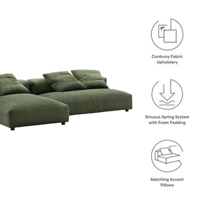 Modway Furniture Solace 2-Piece Modular Corduroy Sectional Sofa with Chaise for Cozy Living Room Comfort & Style Fern EEI-7024-FRN