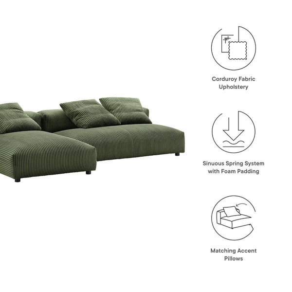 Modway Furniture Solace 2-Piece Modular Corduroy Sectional Sofa with Chaise for Cozy Living Room Comfort & Style Fern EEI-7024-FRN