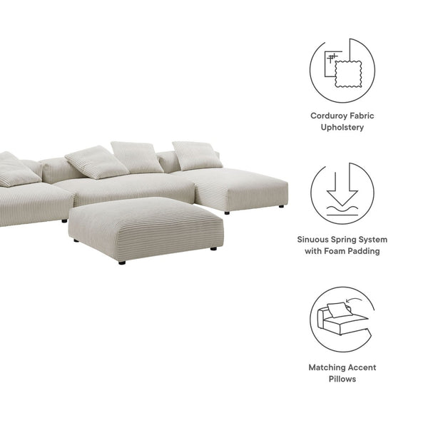 Modway Furniture Solace 4-Piece Modular Corduroy Sectional Sofa with Ottoman for Versatile Living Room Comfort Almond EEI-7032-ALM