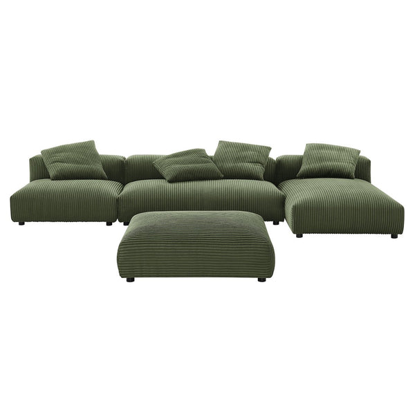 Modway Furniture Solace 4-Piece Modular Corduroy Sectional Sofa with Ottoman for Versatile Living Room Comfort Fern EEI-7032-FRN